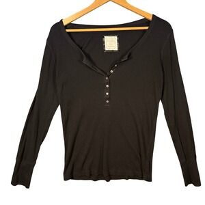 Vintage Old Navy Henley Top Womens XL Black Long Sleeve Fitted Y2K Basic
